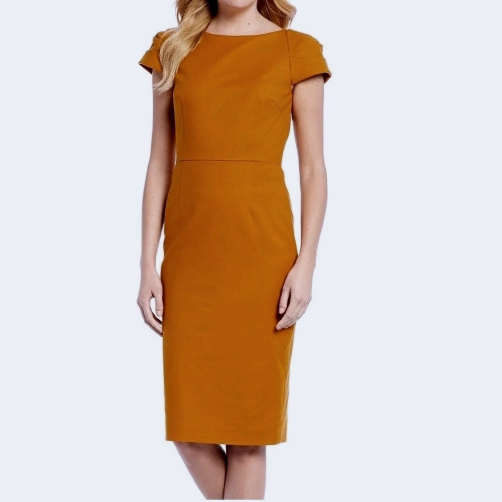 Antonio Melani Amy Cap Sleeve Sheath Dress 4 Golden Oak Mustard Career Business